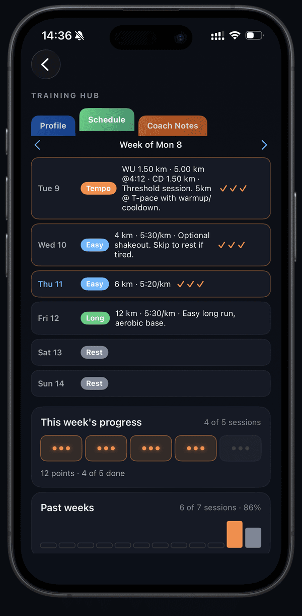 PB Runner — a week of coached sessions on iPhone